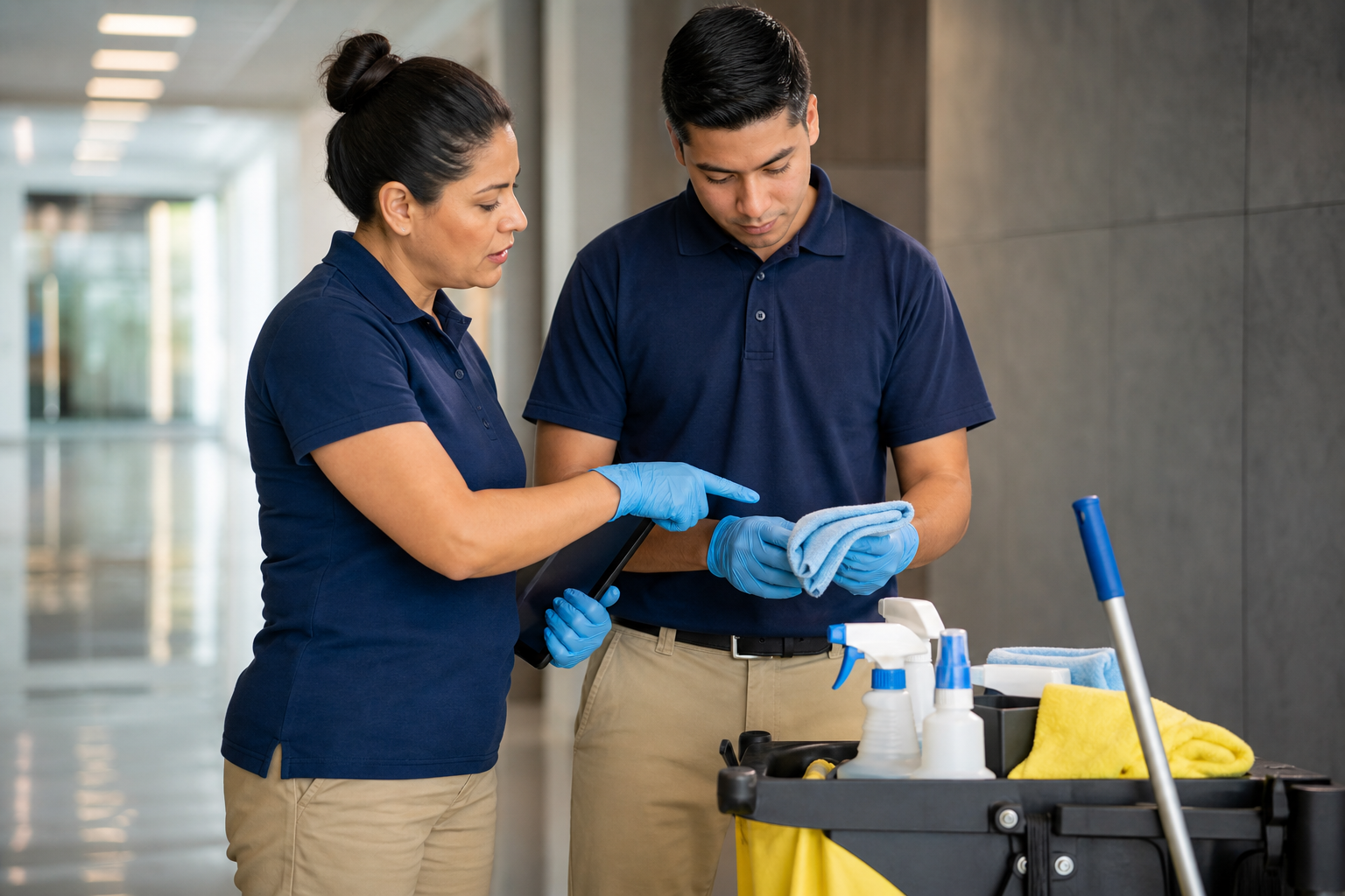 Supervisor guiding a facility technician through a cleaning procedure