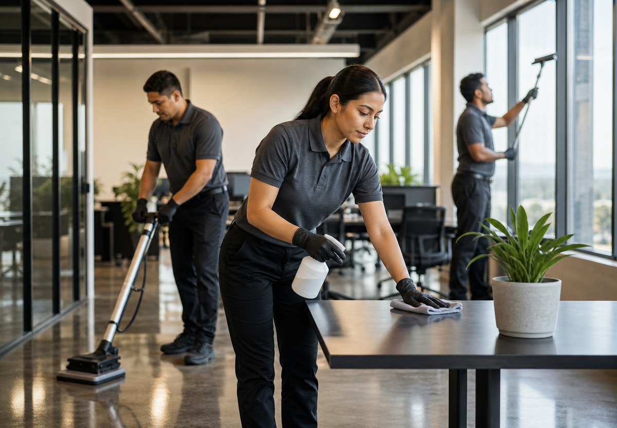 Professional facility crew cleaning a modern commercial office